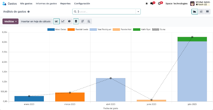 Captura de pantalla de análisis de gastos en Odoo