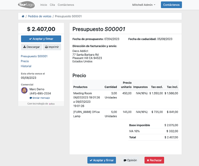 Captura de pantalla de una cotización en portal de cliente de Odoo