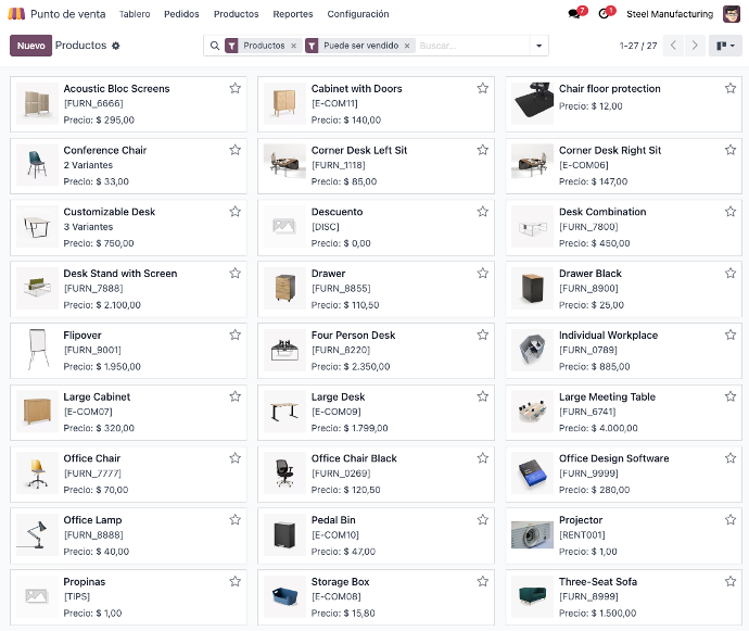 Captura de pantalla de catálogo de productos en punto de ventas de Odoo