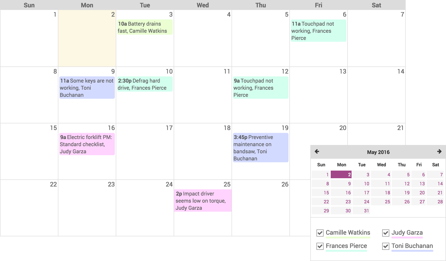 Captura de pantalla del calendario de Odoo