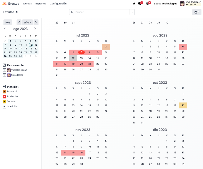 Captura de pantalla del calendario de eventos en Odoo