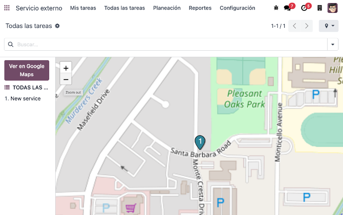 Captura de pantalla de mapa de Servicio Externo en Odoo